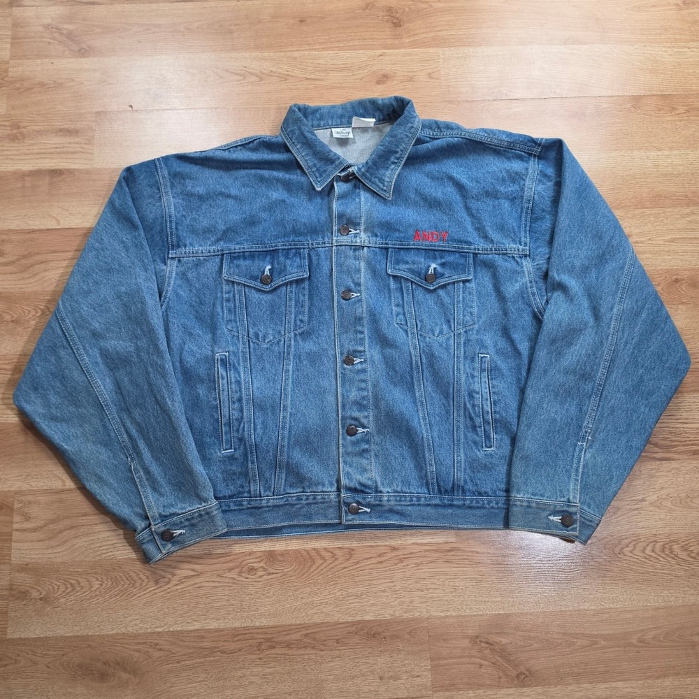 Disney Store Denim Jacket Mens XXL Mickey & Friends Embroidered Blue 90s Andy